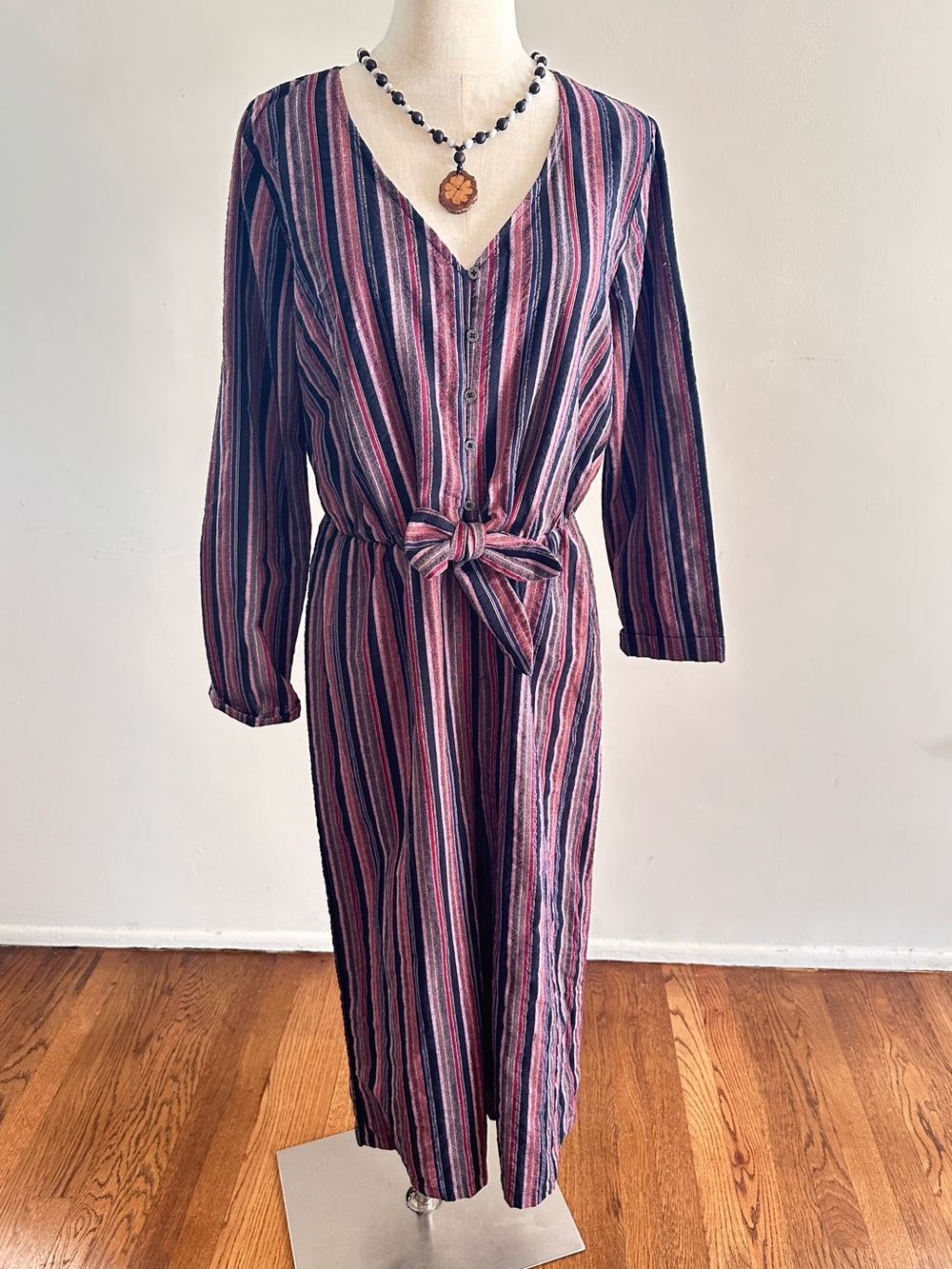 Universal Thread Striped Button Front Tie Waist Jumpsuit Navy Mauve Burgundy M